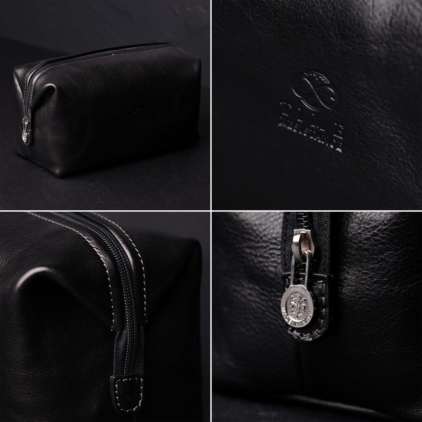 Time Resistance Leather Toiletry Bag - Italian Cosmetic Case Dopp Kit (Black)