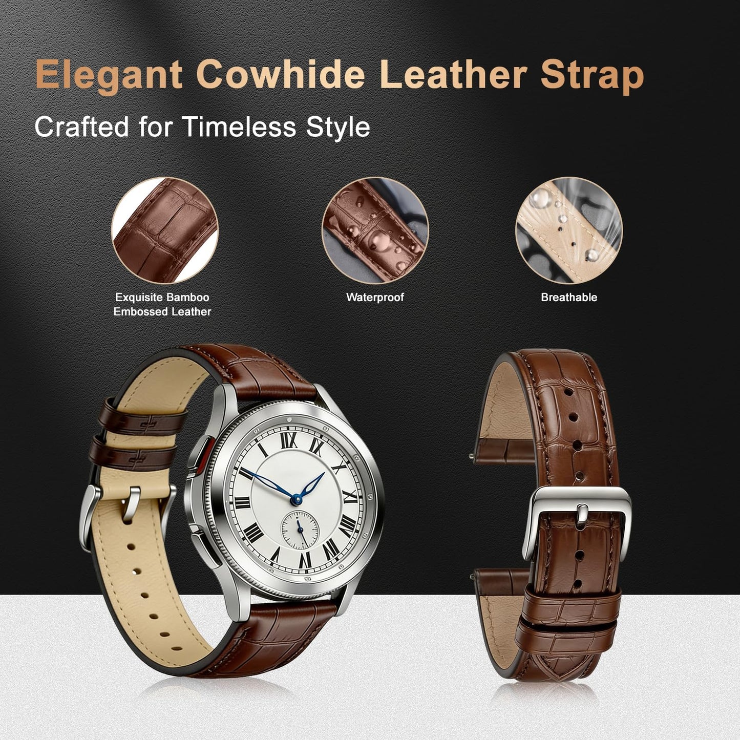 EREBUSE Genuine Leather Watch Strap 18mm 20mm 22mm, Brown Classic Replacement Watch Band for Men Women, Soft Padded Cowhide with Silver Stainless Steel Buckle, Spring Bar Included