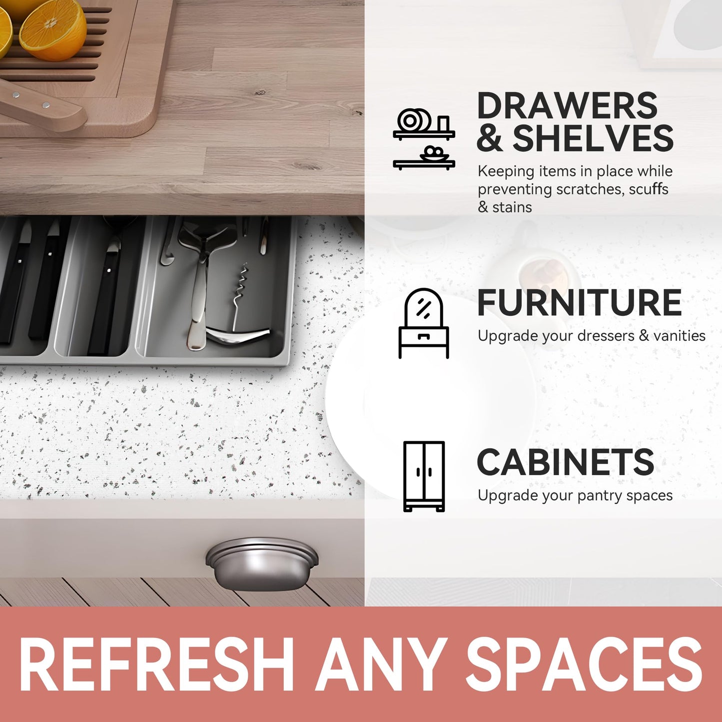 RAY STAR Shelf Liners for Kitchen Cabinets Non-Adhesive, 12 Inch x 10 Feet Trimmable Terrazzo Speckled White Shelf Liner Non Slip Vanity Cabinet Liner Refrigerator Cupboard Pantry Liner Marble