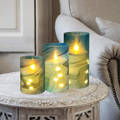 Flickering Flameless Candles Blue Water Ripple Print, Embedded Star String Lights, Battery Operated Acrylic LED Pillar Candles with 11-Key Remote and Timer for Home Decoration, 3 Pack