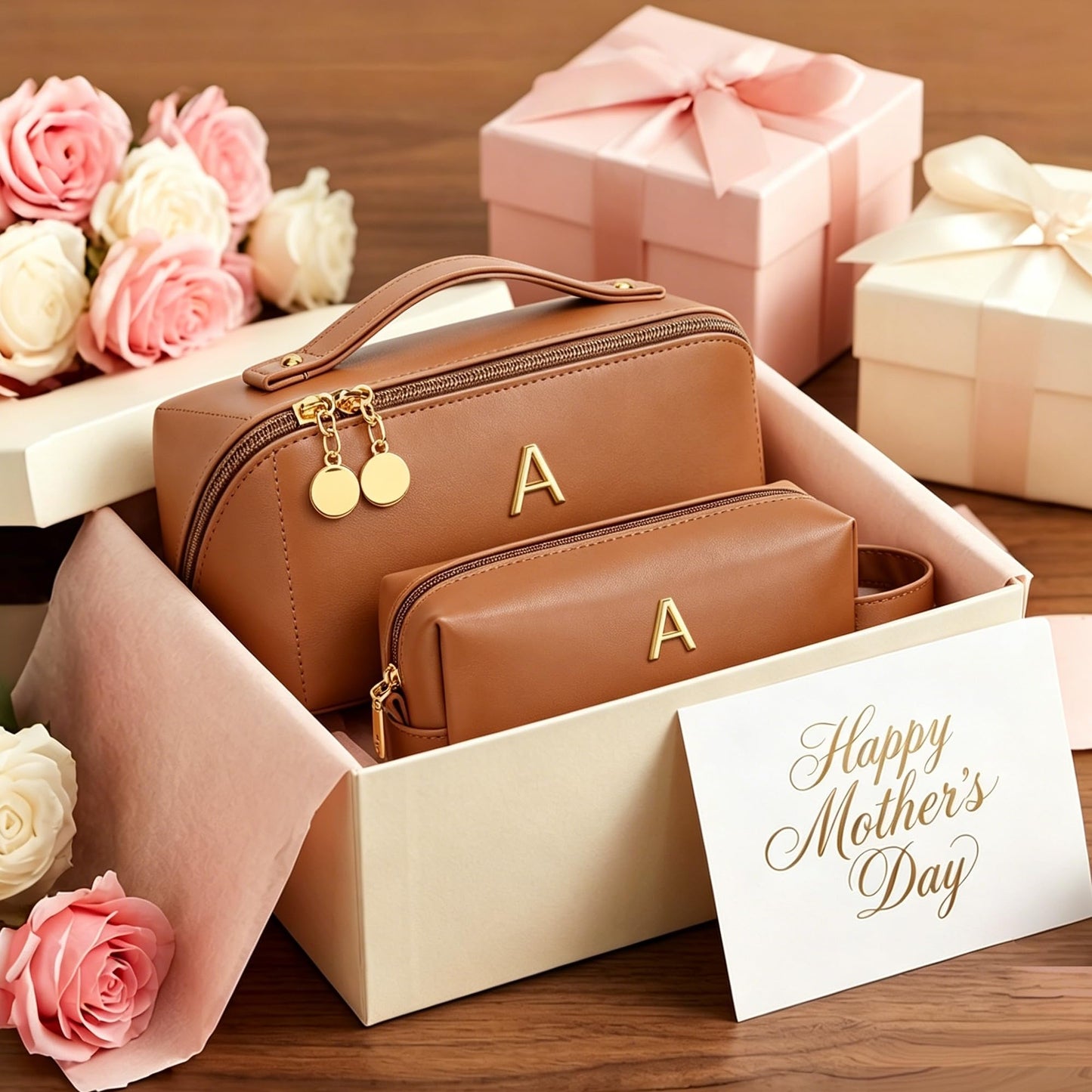 KKXIU Initial Makeup Bag for Women - Personalized Makeup Bag Gifts for Women, Travel Toiletry Bag with PU Leather, Open Flat Design with Top Handle, Cosmetic Bag Set with Multi-Pocket (Brown,A)