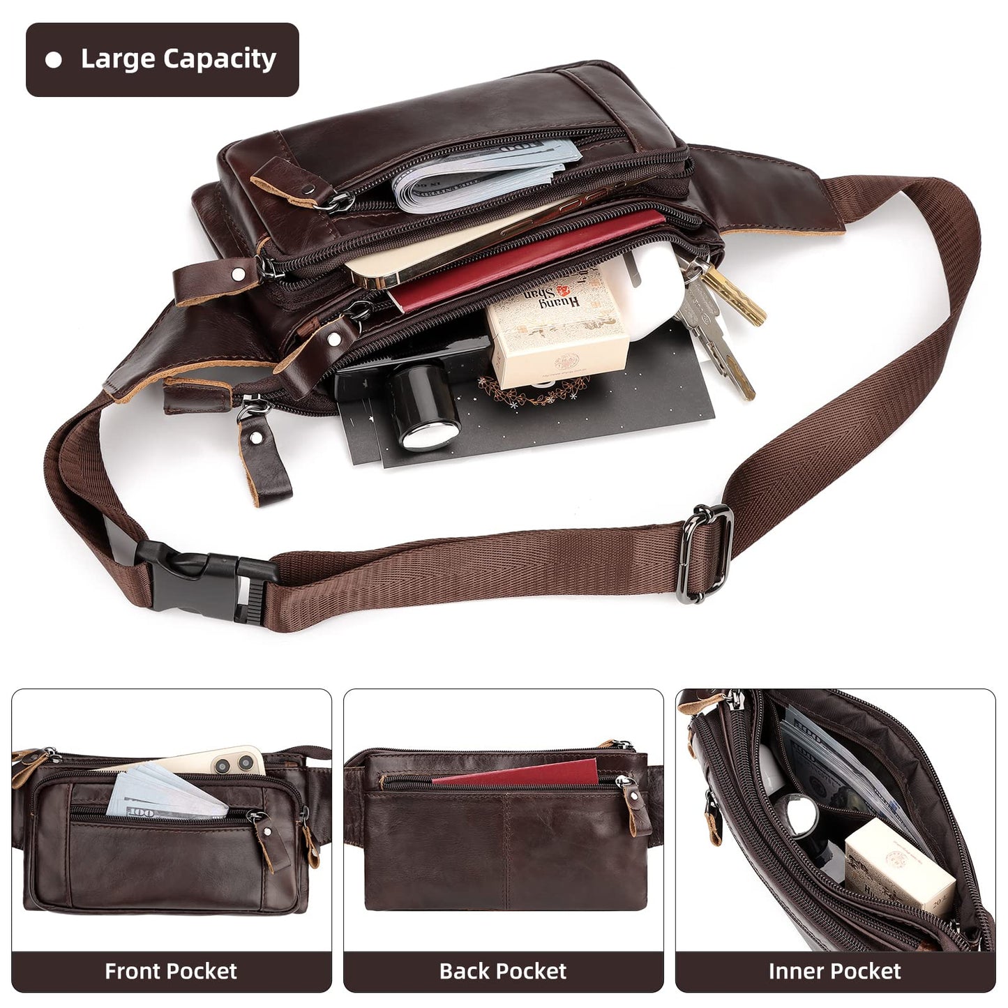 Soft Genuine Leather Fanny Pack for Men Women, Belt Bag Waist Packs Small Sling Crossbody Bag with Adjustable Strap for Travel Sport Walk (Coffee)