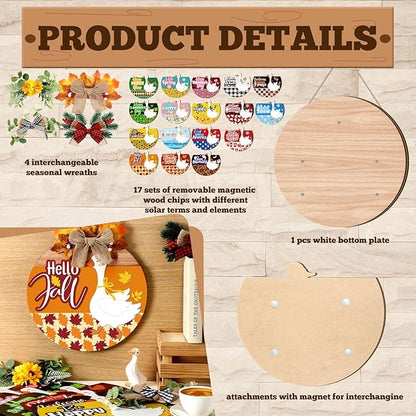Vicenpal 22 Pcs Interchangeable Welcome Sign for Front Door with 17 Magnetic Icon Wooden Seasonal Front Porch Door Decor with 4 Seasonal Wreath for Holiday Halloween Christmas Gift (Light Brown,Goose)