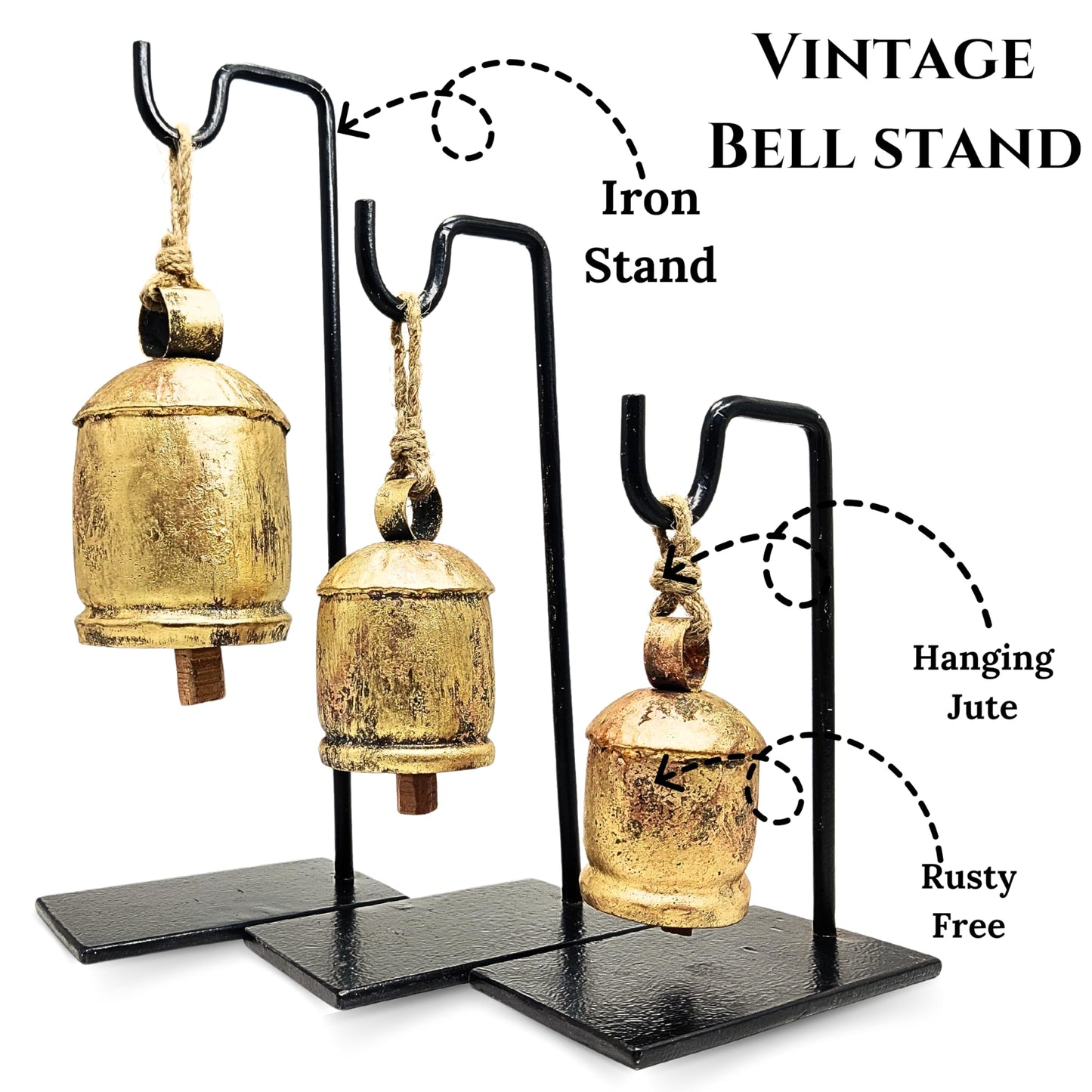Pack of 3 Golden Bells with Metal Stand in Black Colour in Single Pack, Harmony Cow Bells Christmas Hanging XL Bells On Rope (3, Rectangular)