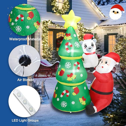 Dearsun 6.2FT Christmas Inflatable Tree with Santa Claus and Polar Bear, Blow up Christmas Inflatable Santa Build-in LED Lights Outdoor Decorations Large Party Yard Decoration