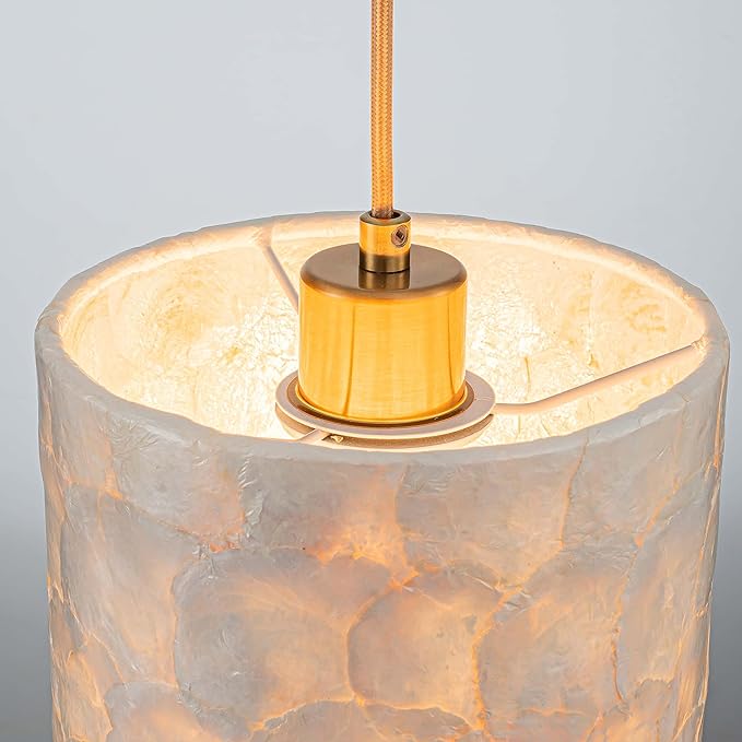 1-Lights Capiz Shell Chandelier, Coastal Design, Modern Pendant Light Fixture for Dining Room, Living Room, Kitchen Island, D7 x H18~66"(Adjustable Height), Shell Lampshade & Gold Finish Frame