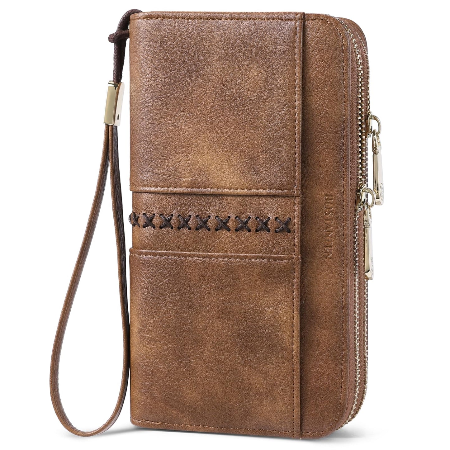 BOSTANTEN Wallets for Women Leather RFID Double Zipper Around Credit Card Holder Large Capacity Wristlet Clutch Wallet with Grip Hand Strap Brown