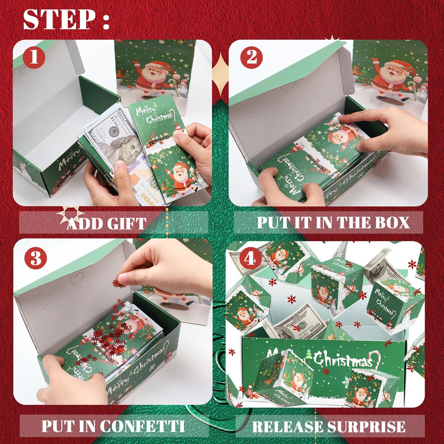 Surprise Gift Box Explosion for Money, Unique Folding Bouncing Red Envelope Gift Box with Confetti, Cash Explosion Luxury for Birthday Anniversary Valentine Proposal (15 Bounces) (Green Christmas)
