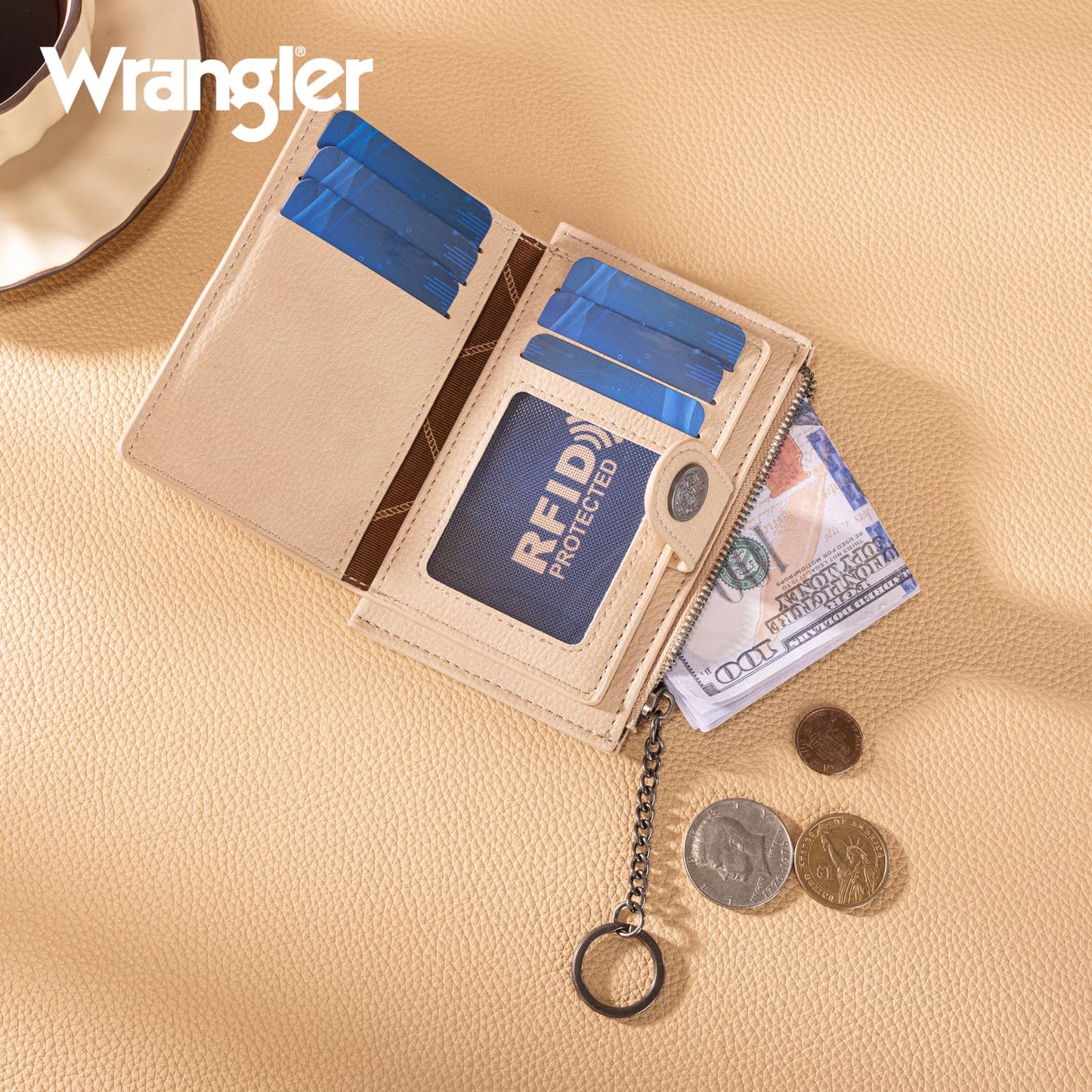 Montana West X Wrangler Small Ladies Wallet Rfid Blocking Credit Card Holder Simpl Womens Wallets Minimalist & Compact Keychain Card Organizers with Zipper Coin Pocket WG338-W099TN