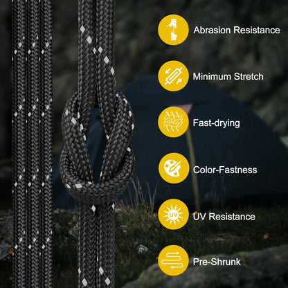 Thadavo Reflective Paracord Rope 850Ib, 50/100/200/500/1000ft 4MM 11 Strand para Cords Lanyard Utility Parachute Cord for Tent Camping Hiking Fishing Survival Tactical DIY Projects, Black 1000FT