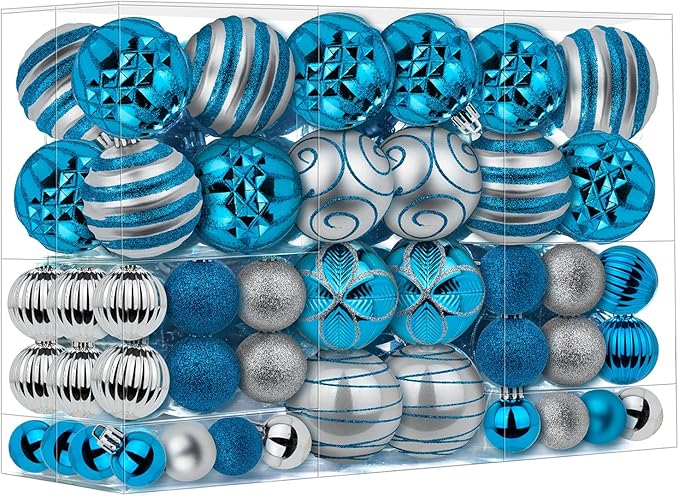 100Pcs Christmas Balls Ornaments Set, Shatterproof Christmas Decorations with Hand-held Gift Package for Xmas Tree/Holiday/Wedding/Holiday/Party Decor (Blue & Silver)