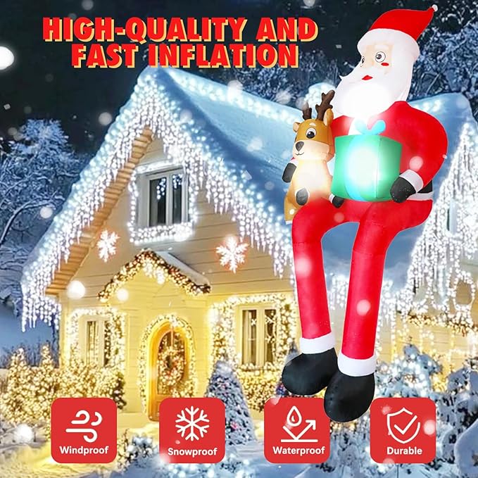 9.5 FT Christmas Inflatable Outdoor Decoration Giant Sitting Santa Claus Christmas Inflatables with LED Lights Climbing Santa Inflatable Blow Up Yard Decorations for Xmas Roof Eaves Lawn