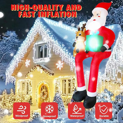 9.5 FT Christmas Inflatable Outdoor Decoration Giant Sitting Santa Claus Christmas Inflatables with LED Lights Climbing Santa Inflatable Blow Up Yard Decorations for Xmas Roof Eaves Lawn