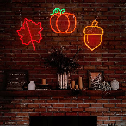 Hanna Roberts 3 PcsThanksgiving Neon Sign, Pumpkin Maple Leaf Acorn Neon LED Lights, USB Powered window lights for Halloween Thanksgiving Party, 3D Wall Art Signs for Home Bedroom Living Room
