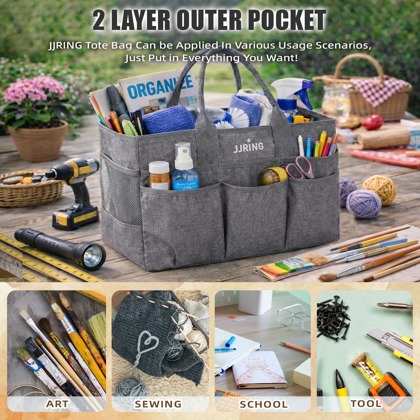 JJRING Large Art Supply Storage Tote Bag With 2 Mesh Side Pockets & Front Elastic Pockets – Sturdy Craft Organizer Caddy with Reinforced Bottom For Sewing, Scrapbooking, Teachers & Artists(Grey)