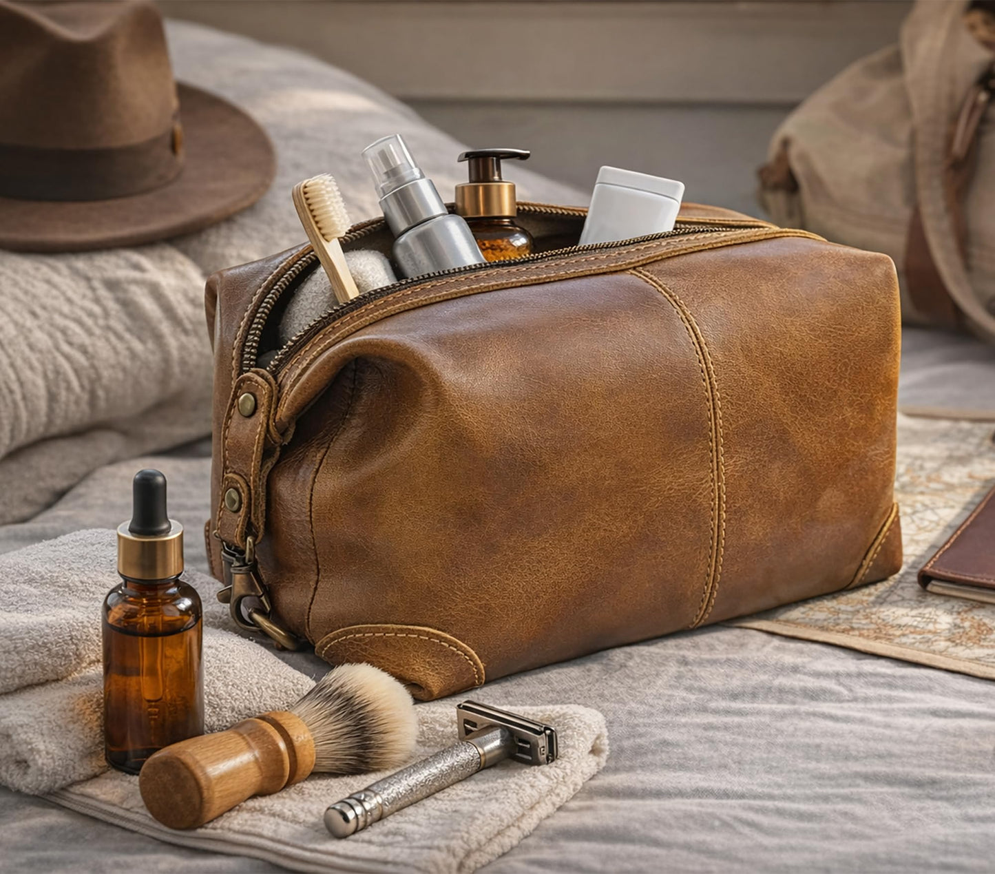 RUSTIC TOWN Full Grain Leather Toiletry Bag for Men & Women – Handcrafted Travel Dopp Kit – Large Water-Resistant Makeup & Shaving Organizer