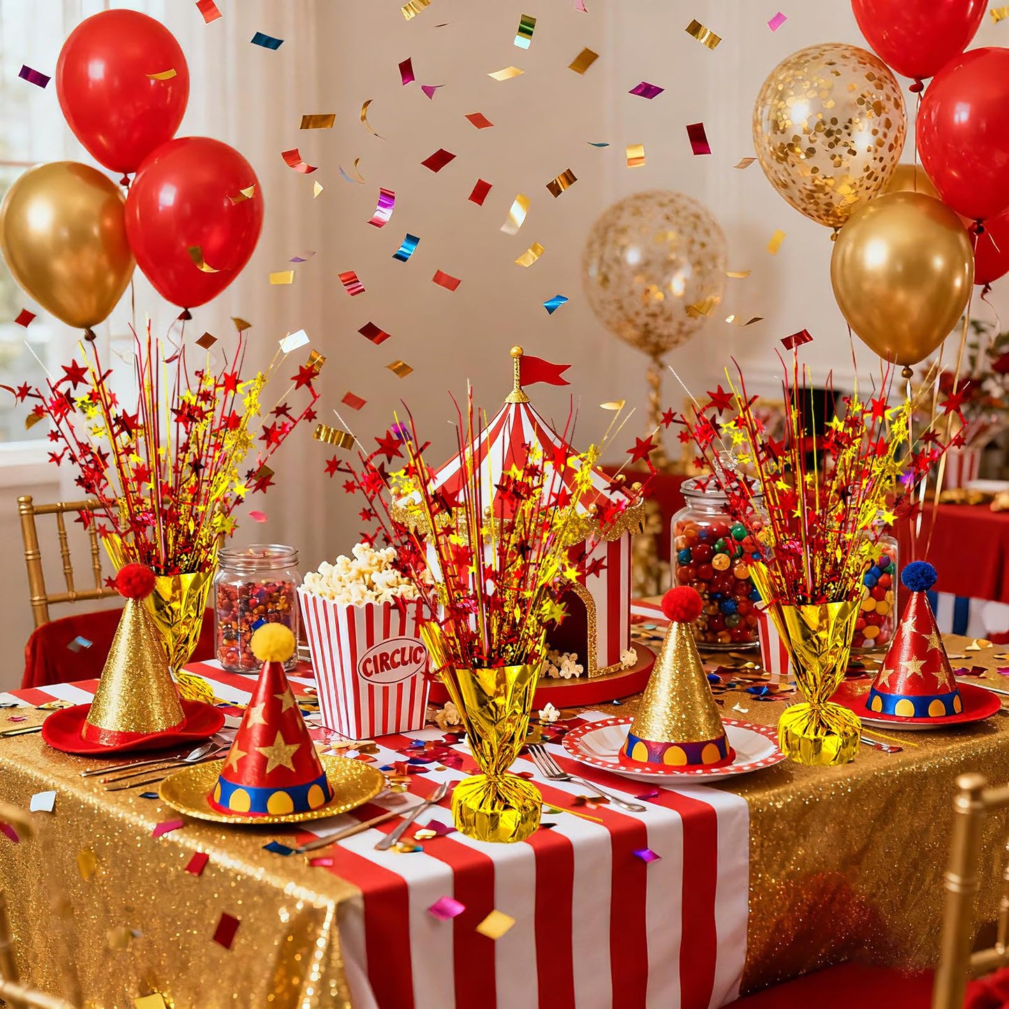 YinNorth 6 Pack Metallic Foil Spray Table Centerpiece Decoration Star Brust Glitter Table Topper Decor for Birthday Circus Casino Graduation Christmas New Year's Eve Party Supplies Red Gold