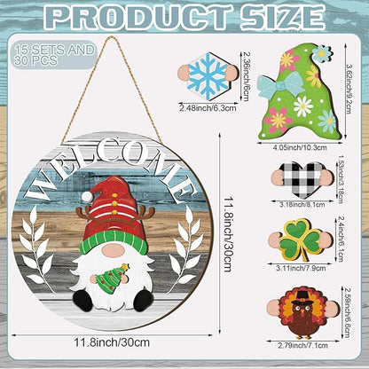 Qunclay Interchangeable Wooden Gnome Decor Holiday Seasonal Gnome Decorations with Magnet Pieces and Detachable Hats Changeable Welcome Sign for Home(Cute Style)
