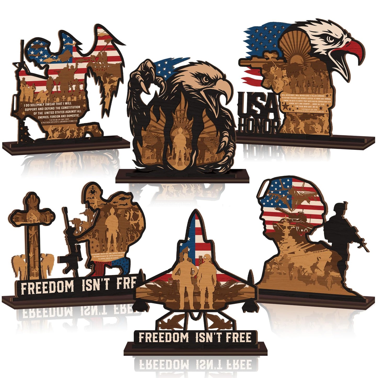 Yuntau 6 Pcs 4th of July Patriotic Table Decorations 250th Anniversary Wood Table Centerpiece American Soldier USA Wooden Tabletop Sign for Independence Veteran Day Shelves Memorial Tiered Tray Decor