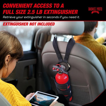 Badass Moto Car Fire Extinguisher Mount - Automotive Fire Extinguisher Mount for Vehicle Car Seat Headrest - Tool Free Seat Back Strap Install. Ideal Safety Kit Accessories for Jeep, Auto,Truck & SUV