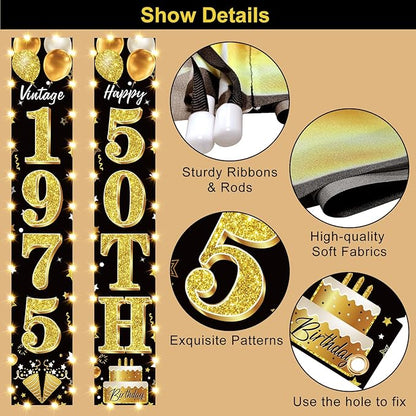 50th Birthday Party Banner Lighted Decorations for Men and Women - Black Gold Vintage 1975 50th Birthday Door Banners with LED Light, Fifty Years Birthday Party Supplies for Indoor Outdoor Decor