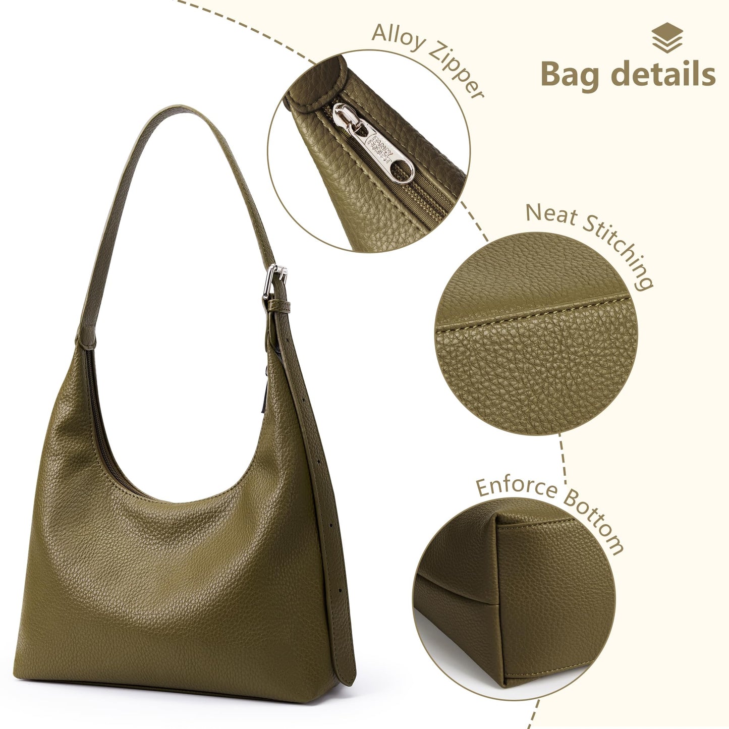 KALIDI Crescent Tote Bag, Women Underarm Handbag Vegan Leather Zipper Shoulder Purse Hobo for Evening Shopping Casual