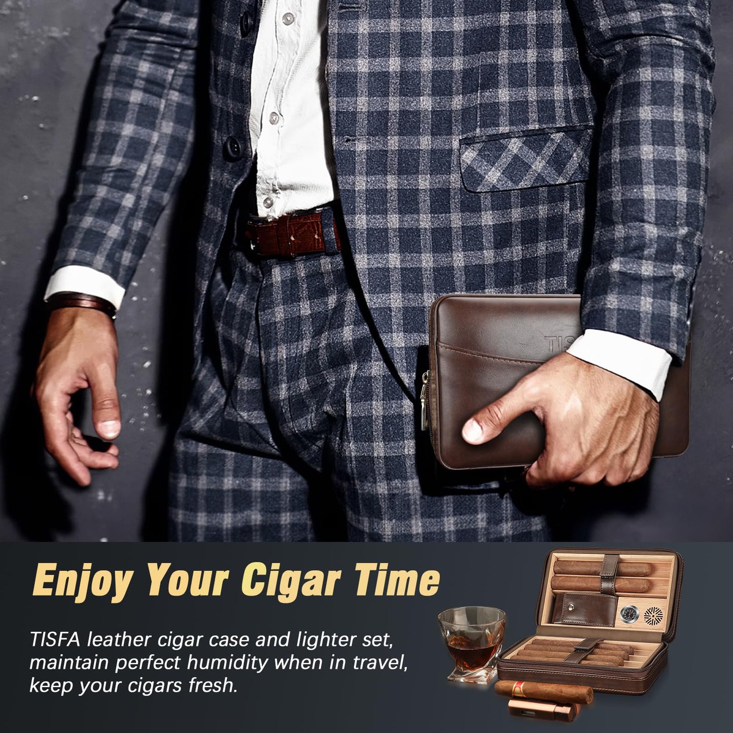 TISFA Cigar Humidor, Leather Cigar Case with Cigar Lighter, Cigar Cutter V Cut, Cigar Stand 3 in 1, Portable Travel Humidor with Humidifier, Cigar Gift Cedar Wood Cigar Box (Dark Brown)