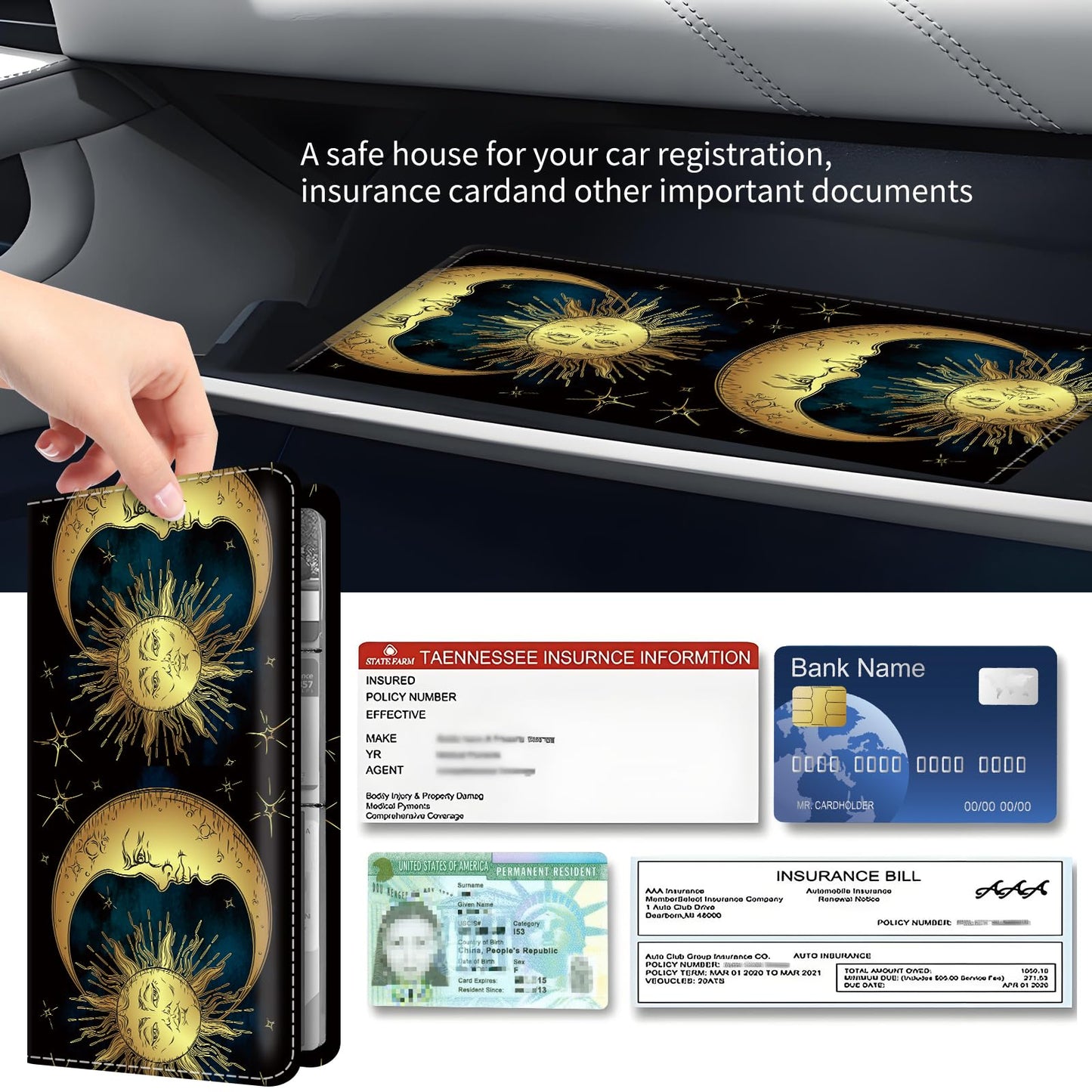 BAUCIWLD Premium Car Registration and Insurance Card Holder, Cute PU Leather Car Document Holder, Vehicle Glove Box Car Organizer with Magnetic Closure for Driver License, Cards Golden Sun and Moon