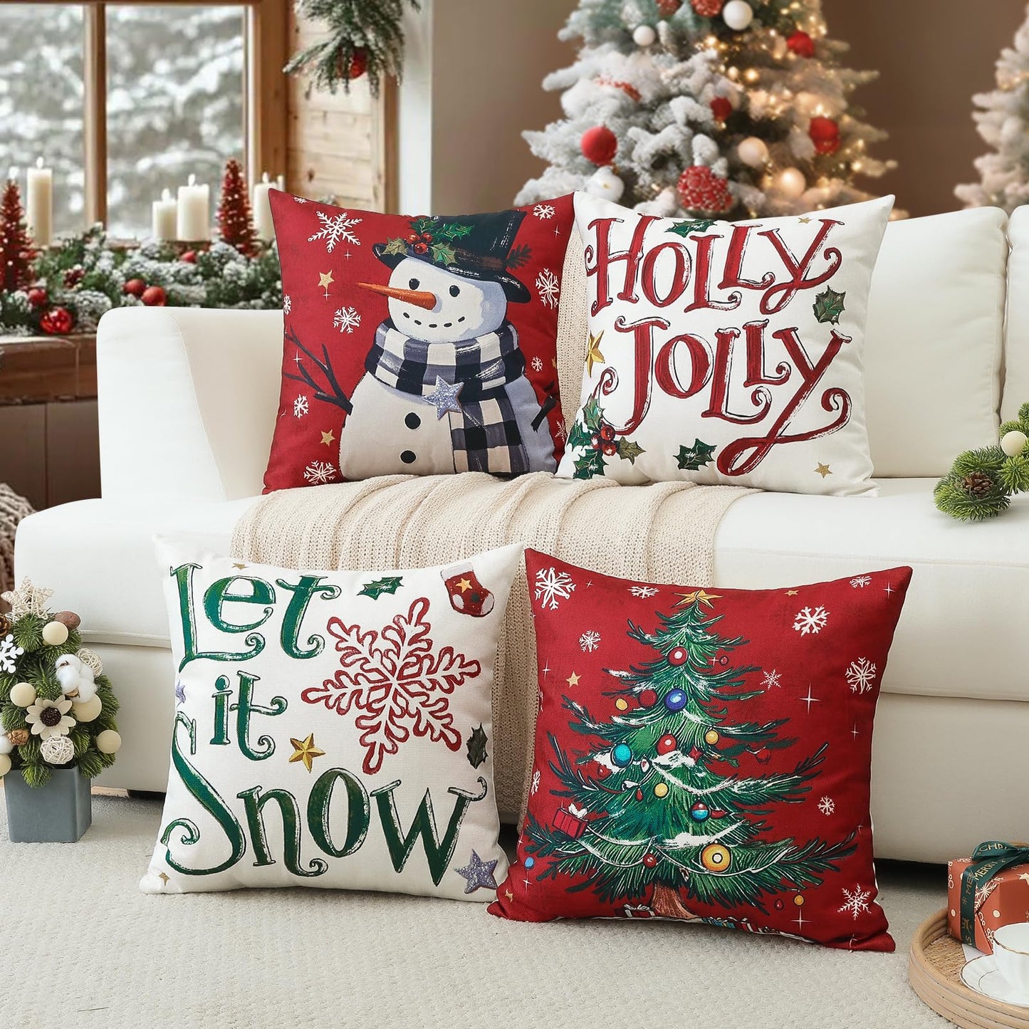 Artscope Christmas Tree Snowman Throw Pillow Covers 18x18 Inch Set of 4, Let It Snow Holly Jolly Winter Hoilday Christmas Decoration Pillow Cases for Home Sofa Couch Decor-Red