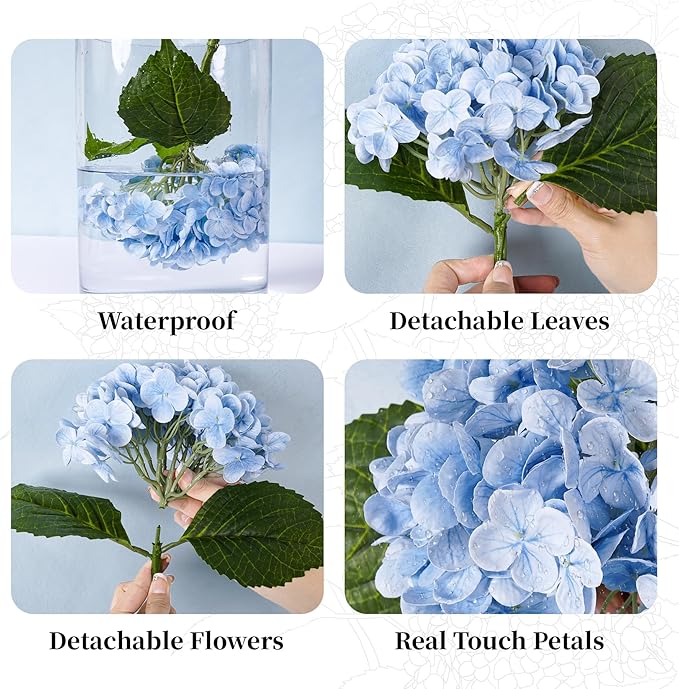 BonBloom's 3 Pcs Blue Faux Hydrangea Flowers 21 inches Hydrangea Artificial Flowers Latex Real Touch Flowers for Wedding Centerpieces Home Party Table Garden Outdoor Decoration