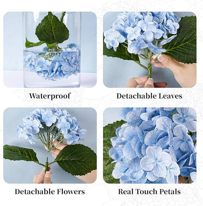 4 Pcs Hydrangea Artificial Flowers, 21'' Real Touch Latex Faux Hydrangeas,Fake Flowers Bouquets for Floral Arrangements Outdoor Wedding Kitchen Table Centerpiece Home Decoration（2White & 2Light Blue）