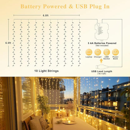 JMEXSUSS 200 LED Curtain Lights Battery Operated & USB Plug in, 8 Modes Warm White Christmas Curtain String Lights for Backdrop Bedroom Classroom Wedding Party Decorations