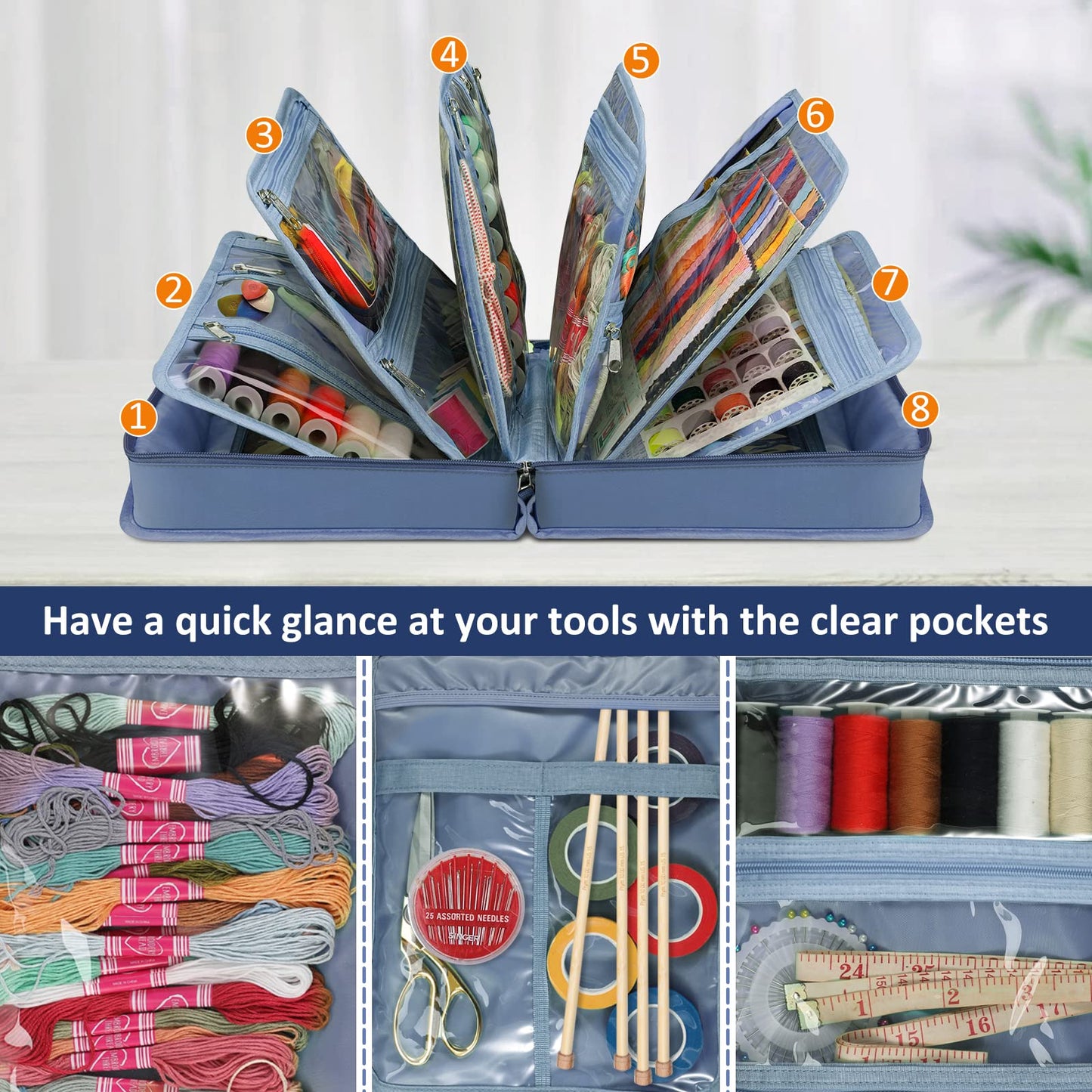 FINPAC Sewing and Craft Supplies Storage Tote, Large Capacity Travel Packing Organizer Bag with Clear Pockets and Handle for Knitting, Crochet, Art, Sewing Accessories (Blooming Hibiscus)
