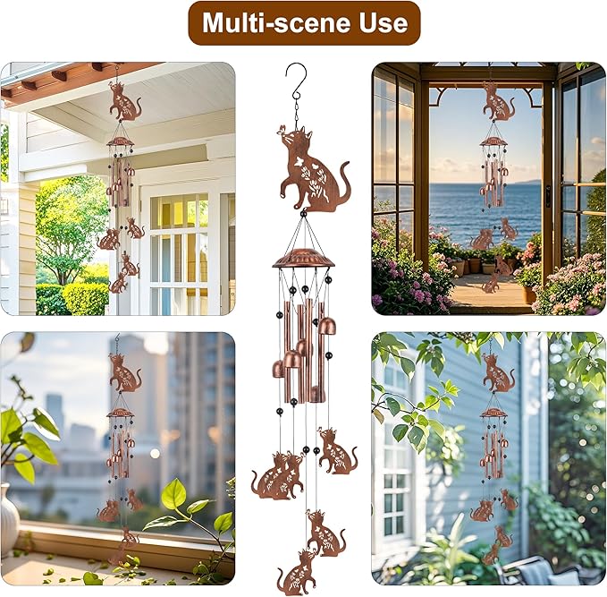 Cat Wind Chimes for Outside Metal Cat Wind Chimes Outdoor Indoors Wind Chime Garden Decor Gifts for Women Men Porch Patio Home Yard Porch Decoration