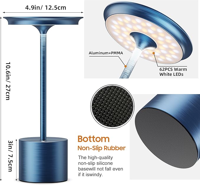 Cordless Table Lamp, Portable Rechargeable 6000mAh Outdoor Table Lamp, 3 Color Stepless Dimming Battery Powered Lamp, LED Table Light for Dinner/Restaurant/Outdoor (Blue)
