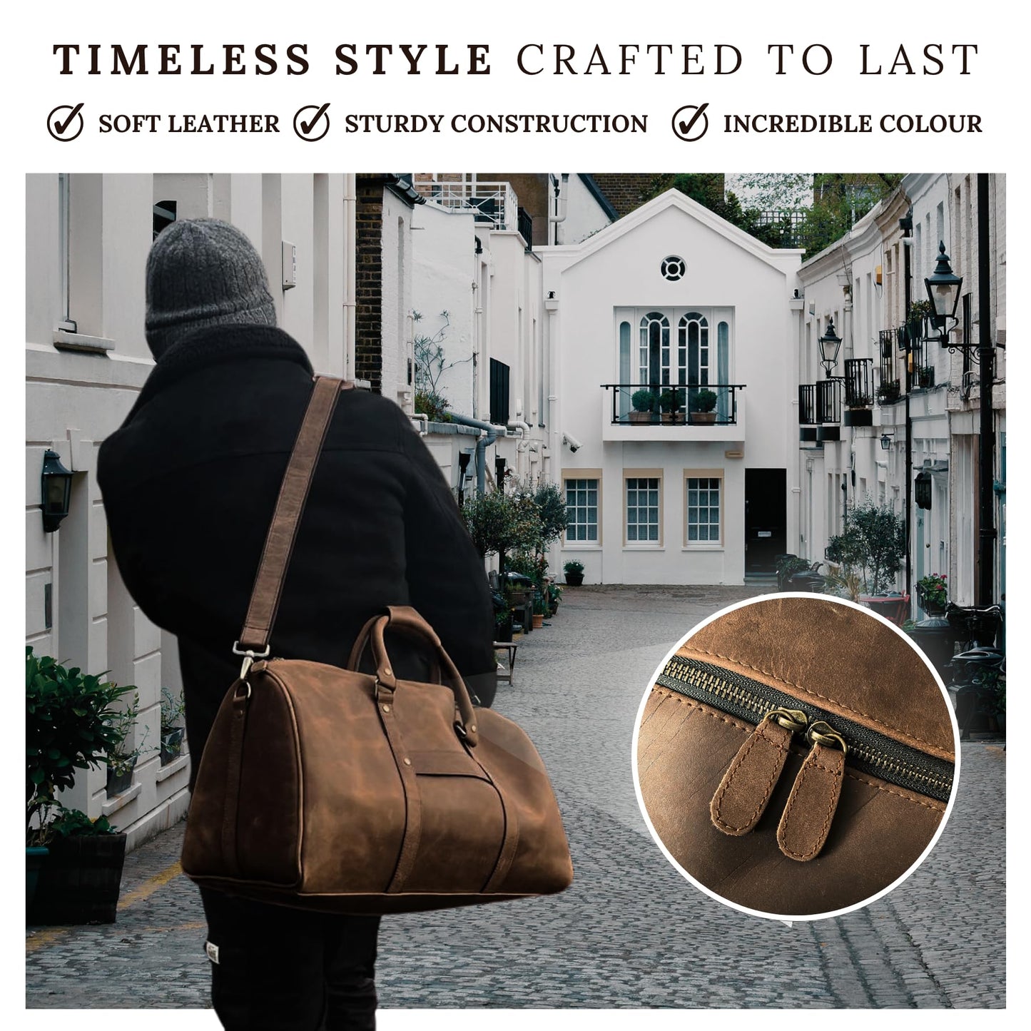 MUSKIE Leather Duffel Bags for Men & Women, 21 Inch Full-Grain Buffalo Leather Distressed Travel Bag with Shoe Compartment & Shoulder Strap
