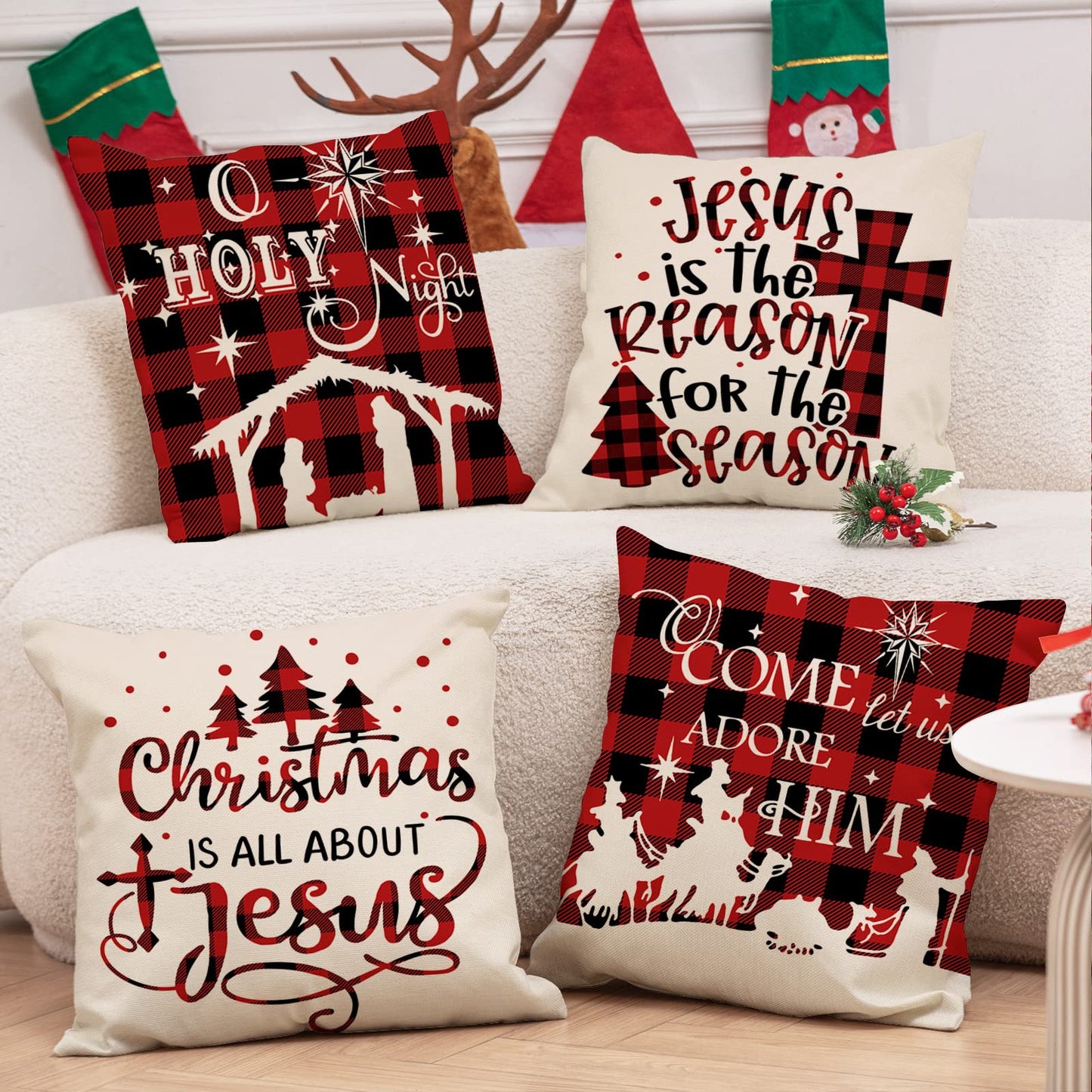 AnyDesign Christmas Pillow Cover 18 x 18 Inch Red Black Buffalo Check Plaids Holy Night Throw Pillow Case Decorative Cushion Cover Case for Farmhouse Home Couch Sofa, Set of 4