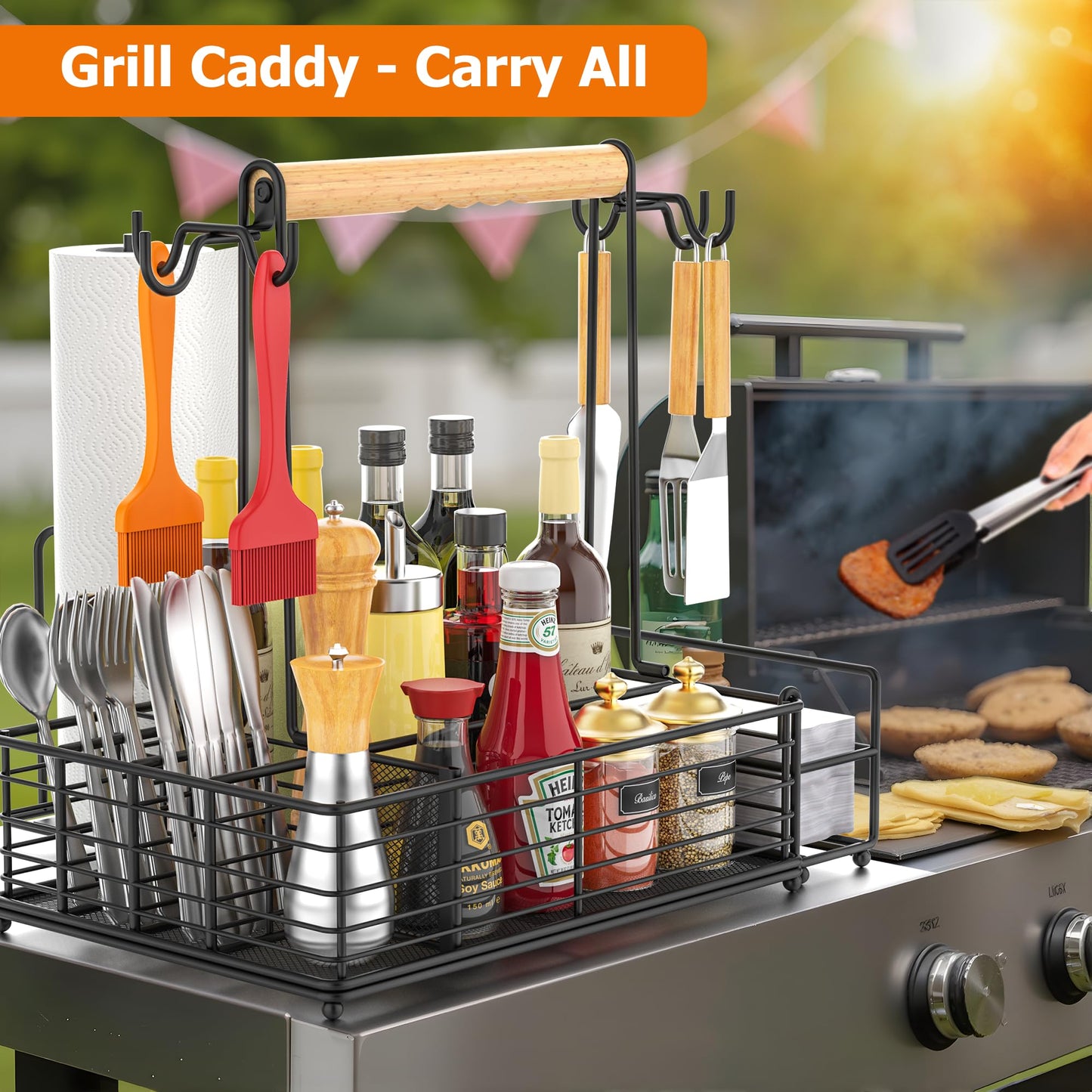 Toncoke Large Grill Caddy with Paper Towel Holder & Side Hooks, All-in-One BBQ Tool Organizer with Adjustable Dividers, Rustproof for Outdoor Kitchen, Camping, RV - Black