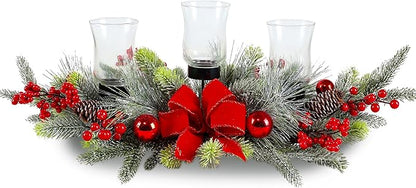 MOONET Red Christmas Table Centerpiece, Cedar with 3 Candlestick Glass Cup, Red Berry, Christmas Balls for Holiday Party, Home, Fireplace