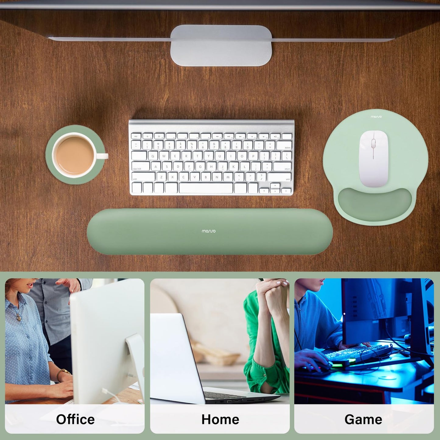 MOSISO Wrist Rest Support for Mouse Pad&Keyboard Set, Circle Curved Ergonomic Mousepad&Coaster Non-Slip Base Home/Office Pain Relief&Easy Typing Pad with Soft Cloth&Raised Memory Foam, Antique Green