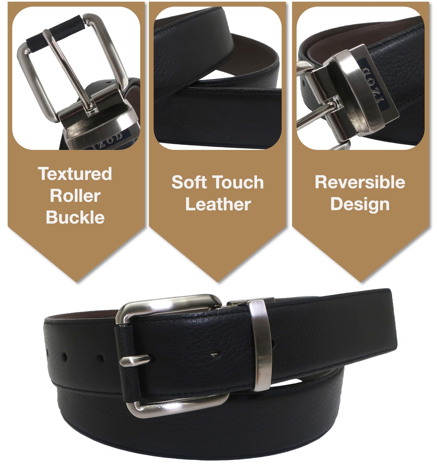 IZOD, Mens, Reversible Leather Belt, Brown, 34/36