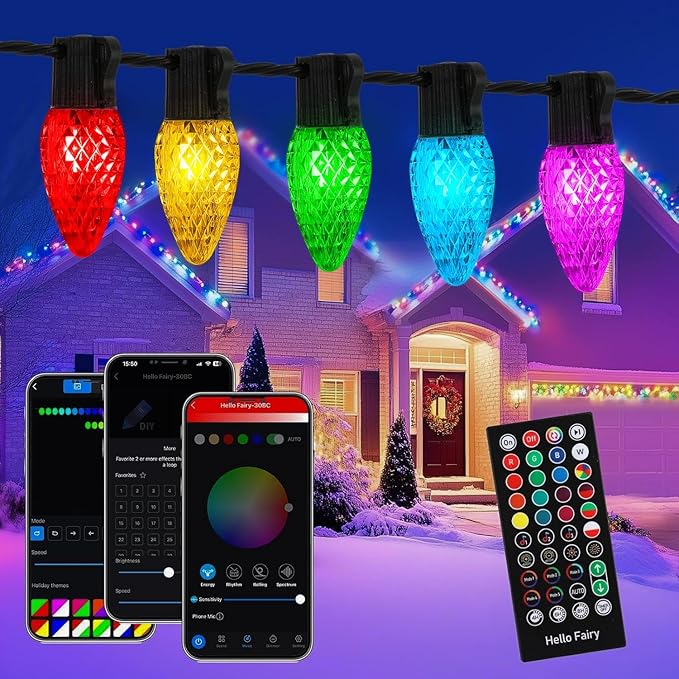 Smart C9 Christmas Lights Outdoor, 82FT 100 LED RGB with Remote,App Bluetooth Music Sync, DIY Scenes & Timers, Connectable to 198FT, IP44 Waterproof Roofline Eaves Porch Fence Decorations