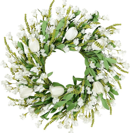 Sggvecsy Spring Summer Wreath for Front Door 22 Inch Artificial White Flower with White Tulips Greenery Leaves Lavender for All Seasons Home Farmhouse Indoor Outdoor Wall Decor