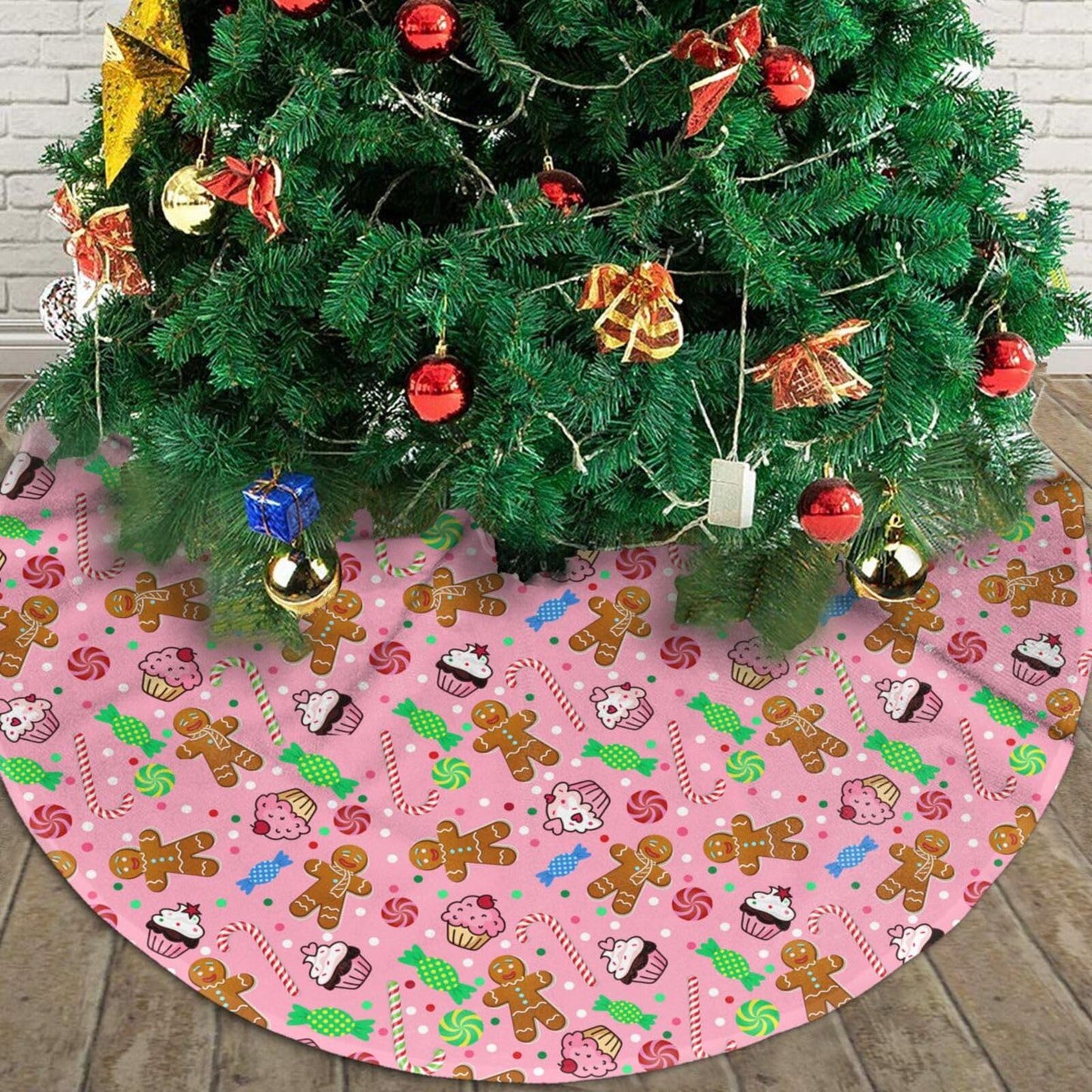 Cute Pink Christmas Gingerbread Man Candy Tree Skirt 48 Inches Santa Tree Skirts Xmas Mat Farmhouse Holiday Party New Year Supplies Ornaments Decorations for Indoor Outdoor Mini Small Pencil Big Trees