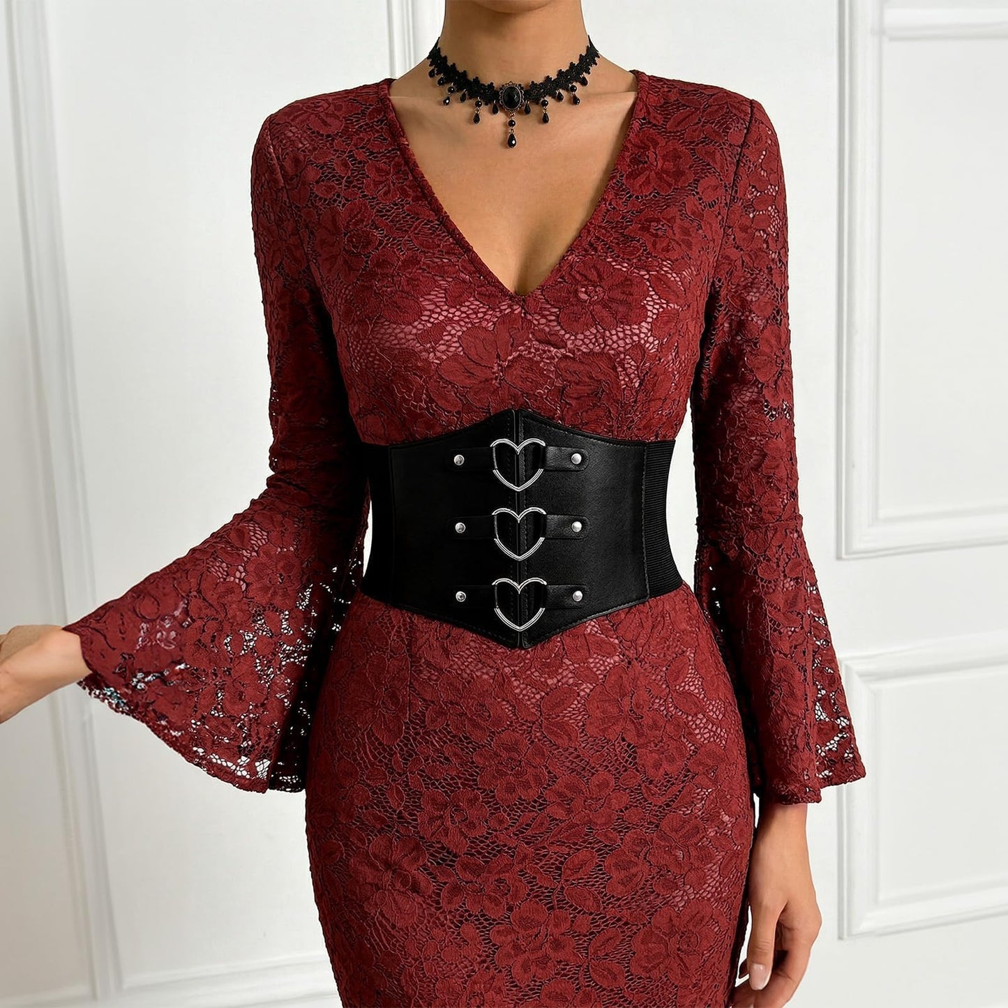 JKEEMI Women Corset Belt With Black Choker Set，Heart-Ring Wide Elastic Waist Goth Leather Corset for Daily Cosplay Halloween Costume Gifts