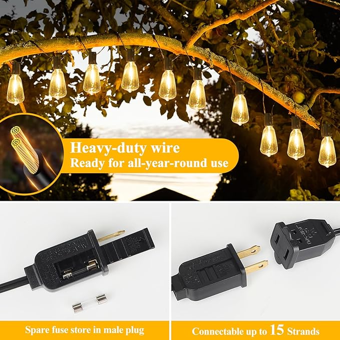 Brightever LED Outdoor String Lights 100FT Patio Lights with 52 Shatterproof ST38 Vintage Edison Bulbs, Outside Hanging Light Waterproof for Porch, Deck, Garden, Backyard, Balcony, 2700K Dimmable