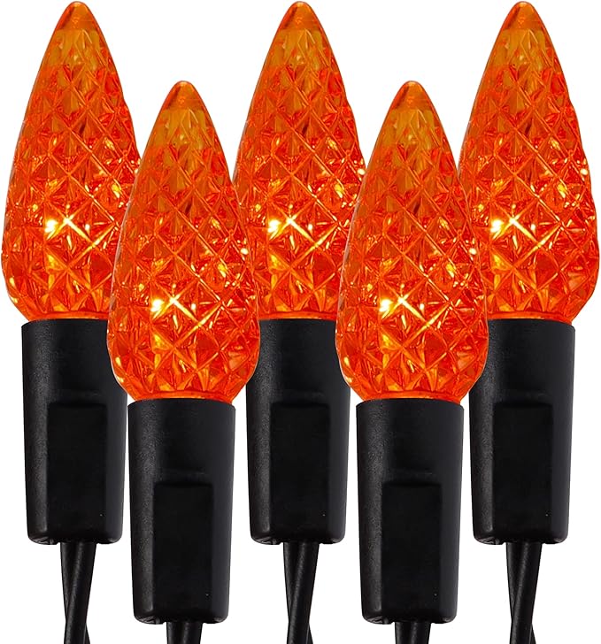 WATERGLIDE Halloween C6 String Lights, 33ft 100 LED Black Wire Fairy Lights with 29V Safe Adaptor, 8 Lighting Mode, Waterproof for Indoor Outdoor Patio Xmas Tree Party Decor, Orange