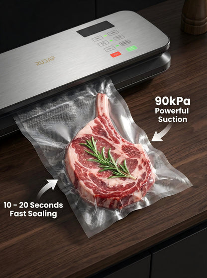 Vacuum Sealer for Food, 90kPA Powerful Food Saver Vacuum Sealer Machine with Digital Kitchen Scale, 12-in-1 Food Vacuum Sealer with Dry & Moist Food Modes, 10 pcs & 1 Roll Vacuum Bags, Starter Kits