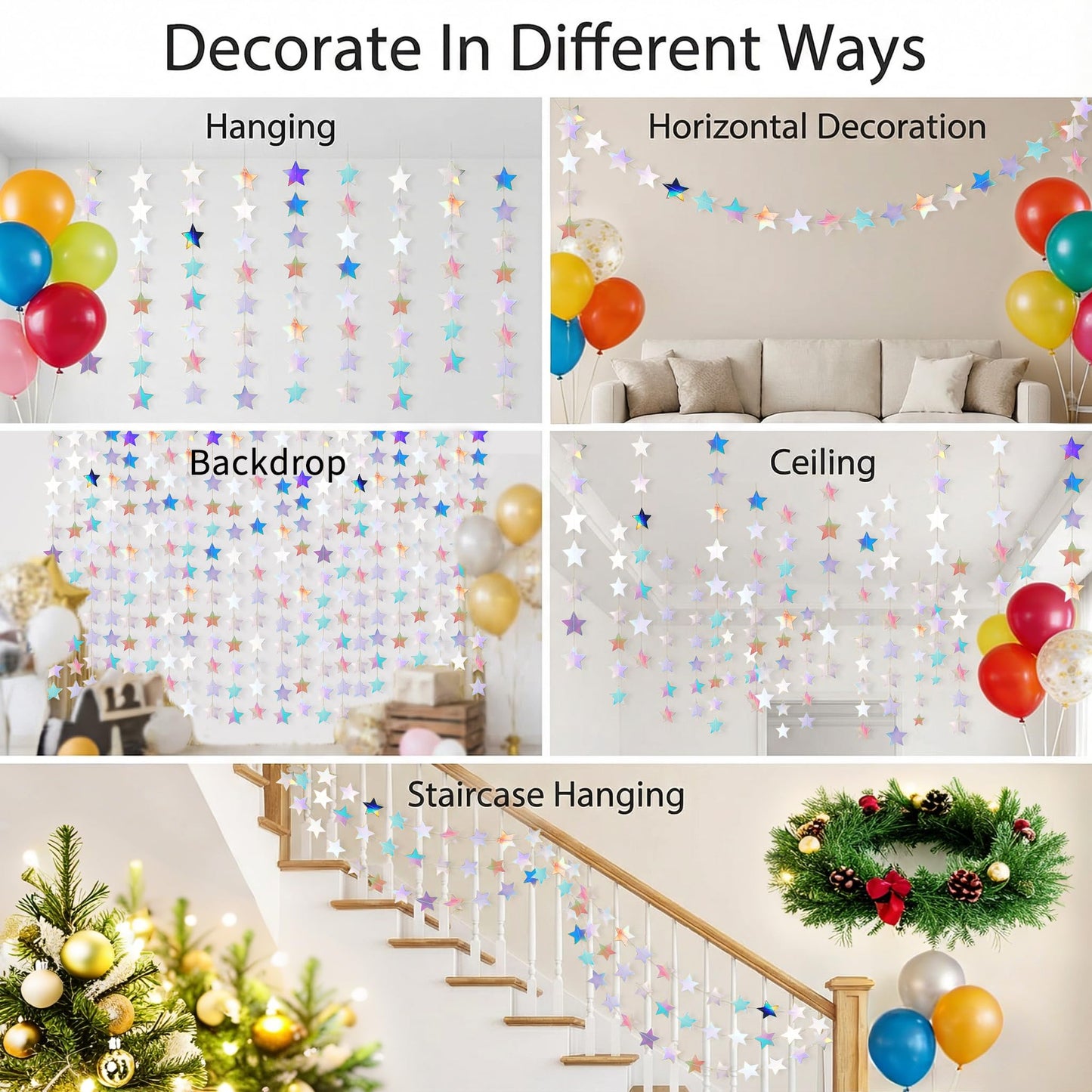 Iridescent-Star-Garland 90FT – 240 Pcs Sparkling Star Streamers-Hanging Glitter Star Banner Backdrop for Birthday, Baby Shower, Wedding, Christmas Party Decorations (6 Packs)