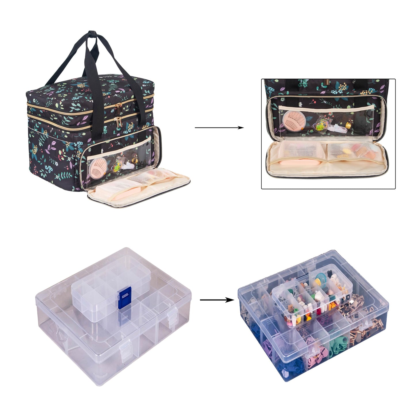 Remobia Hicol Double Layer Sewing Organizer - Bonus 2 Clear Plastic Boxes/2Detachable Pouches, Extra Large Capacity Bag for Threads, Needles & Craft Supplies (Black Leaves)